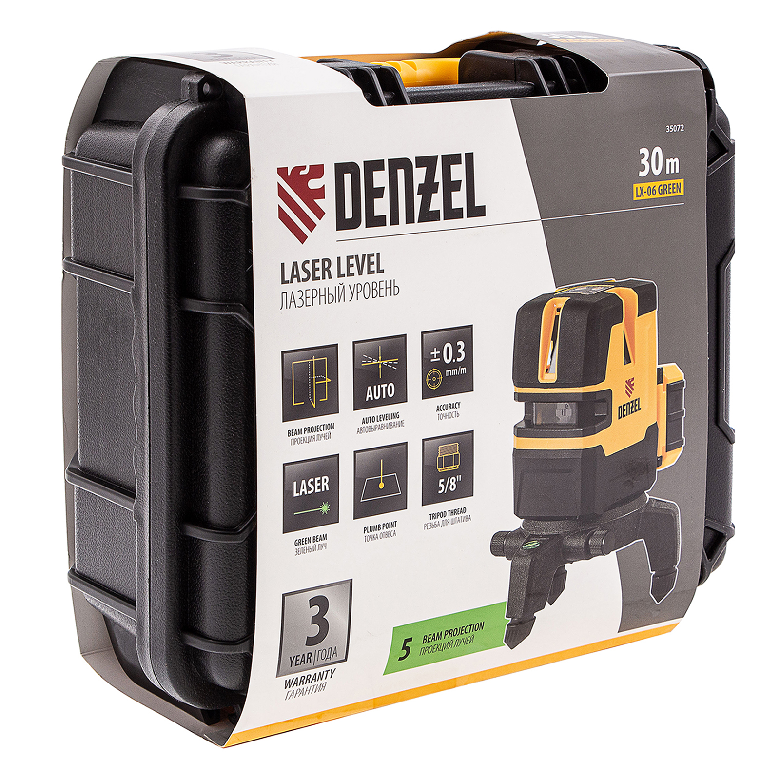 Лазерный уровень LX 06 Green, 30 м, 520 нм, аккумулятор Li 5200 mAh, резьба 5/8" Denzel