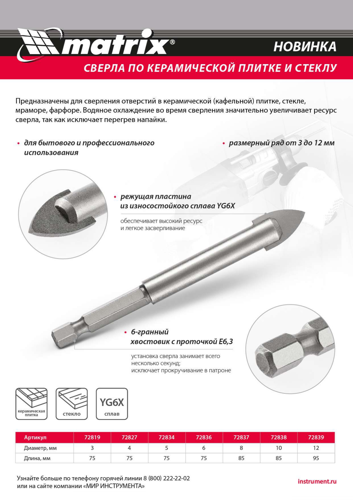 Сверло по керамической плитке и стеклу, 8 мм, шестигранный хвостовик// Matrix