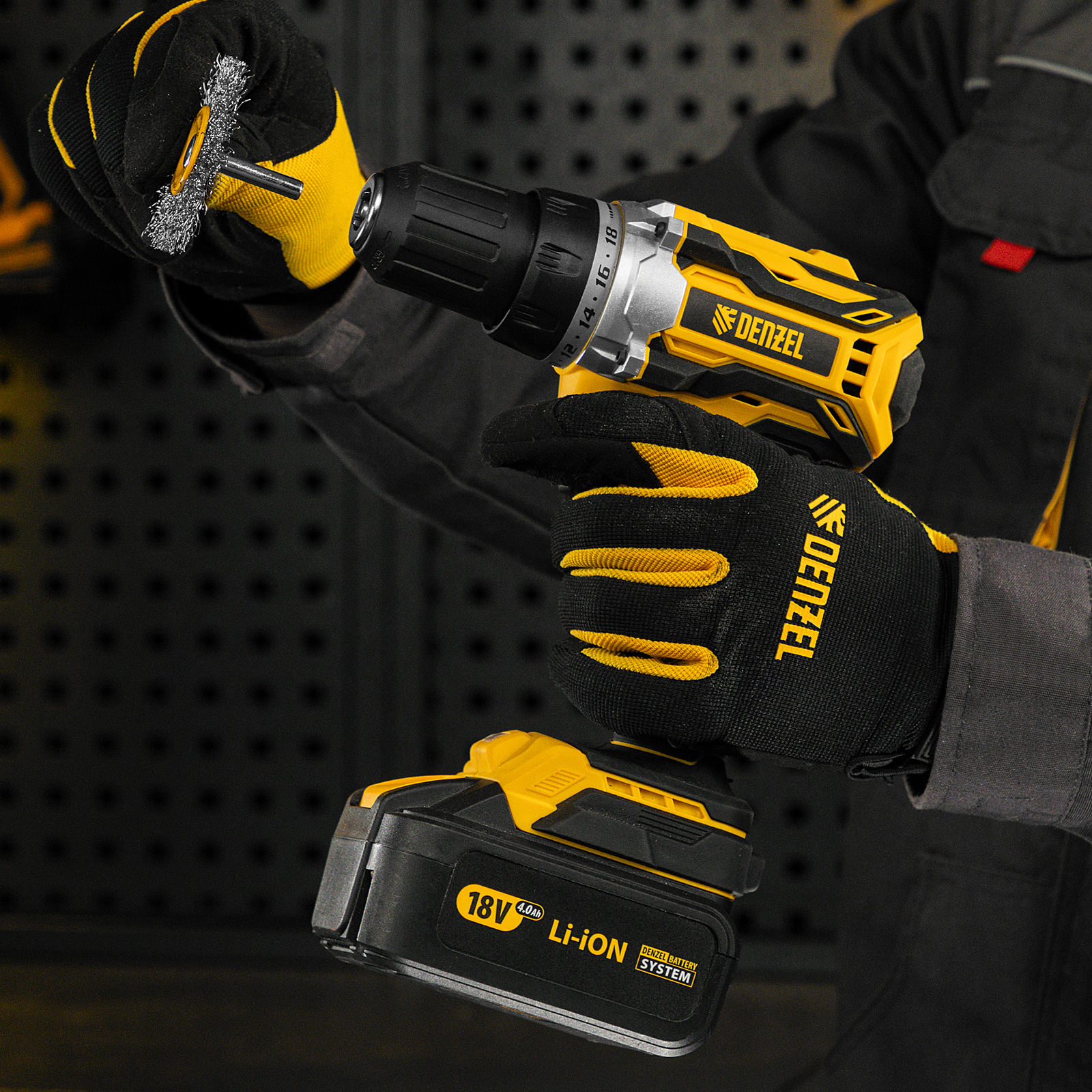 Щетка для дрели, 60 мм, Плоская, со шпилькой, нержавеющая витая проволока Denzel