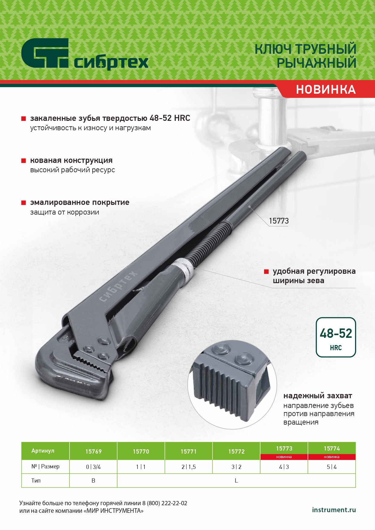 Ключ трубный рычажный КТР-0, 3/4", кованый, тип "B" Сибртех