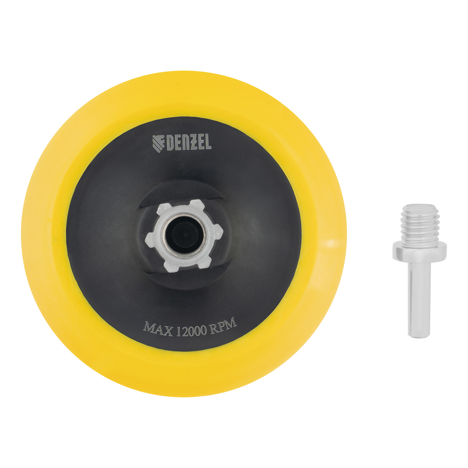 Тарелка опорная для дрели и УШМ с липучкой, 125 мм, мягкая, с адаптером c М14 на d8 Denzel