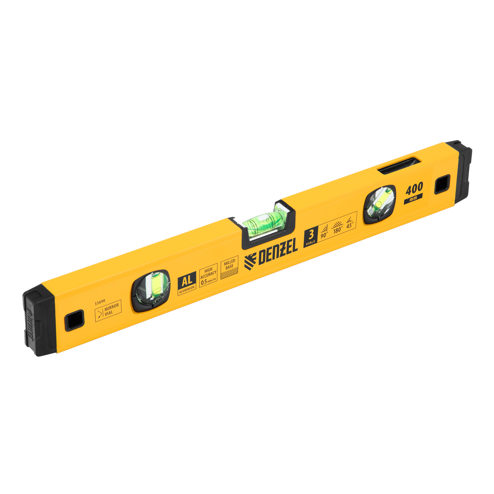 Уровень алюминиевый, магнит., фрезерованный, 3 глазка (1 зеркал.), 0,5 мм/м, 400 мм Denzel