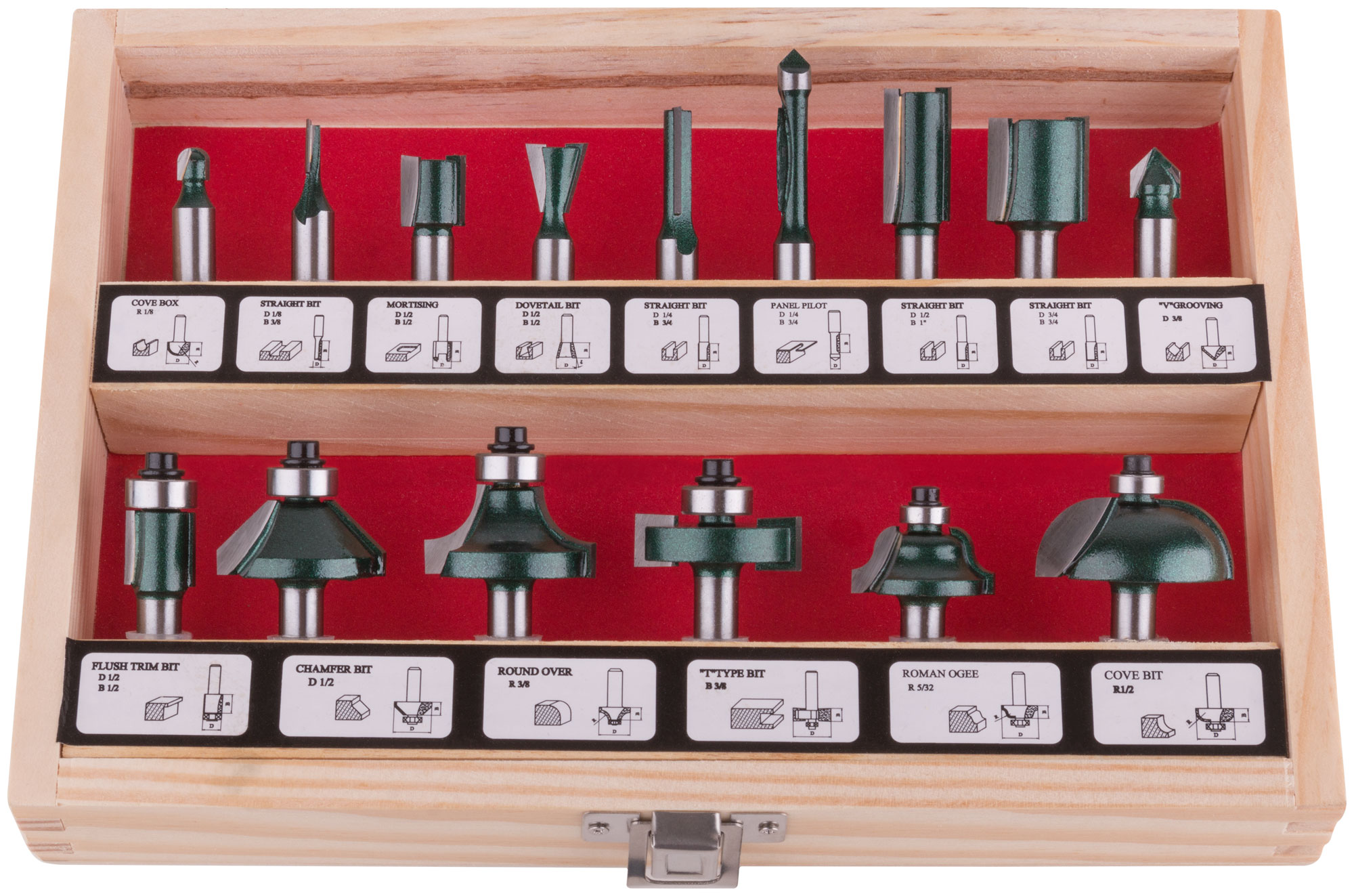 Фрезы по дереву кромочные, набор 15 шт., деревянный бокс, хвостовик 8 мм