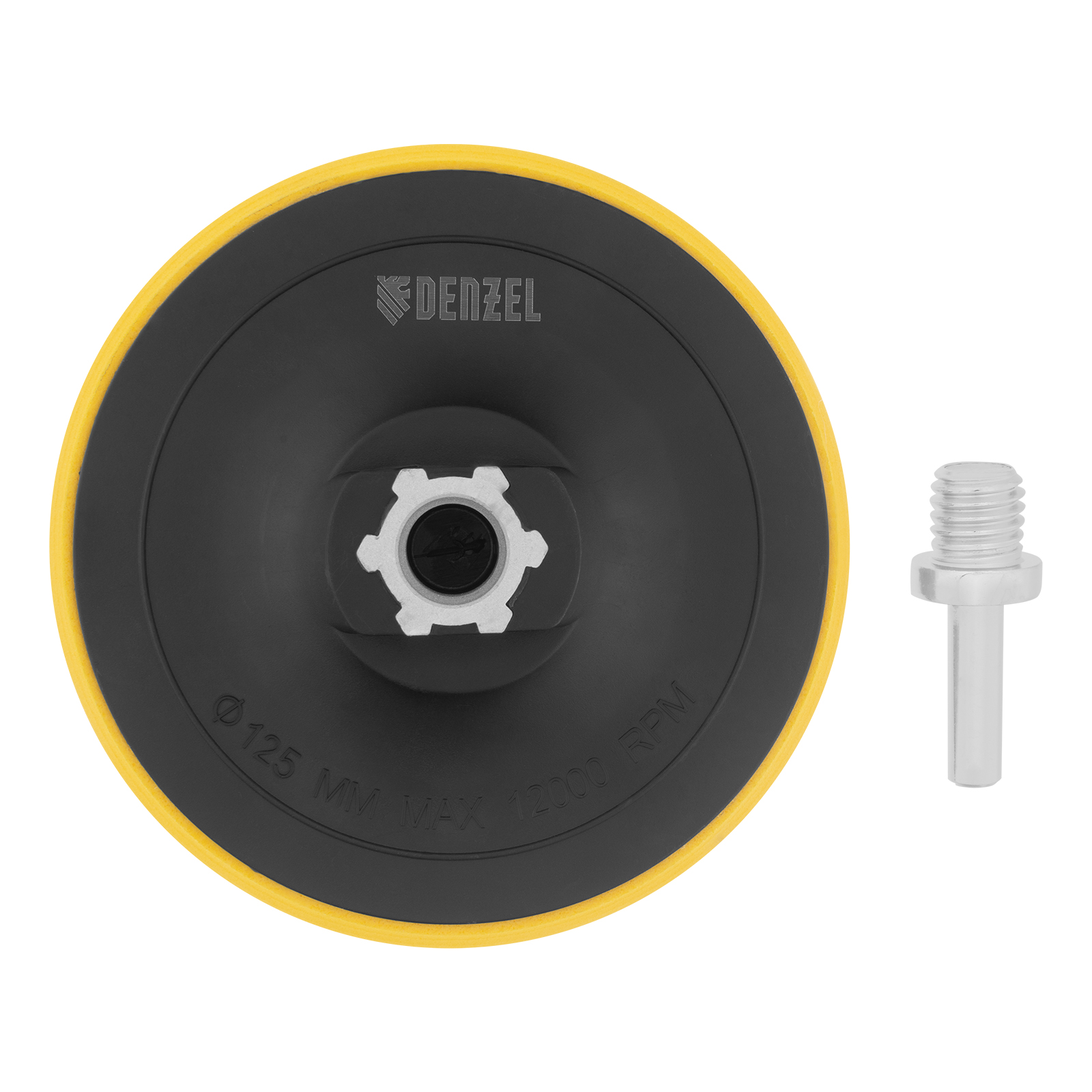 Тарелка опорная для дрели и УШМ с липучкой, 125 мм, стандартная, с адаптером c М14 на d8 Denzel