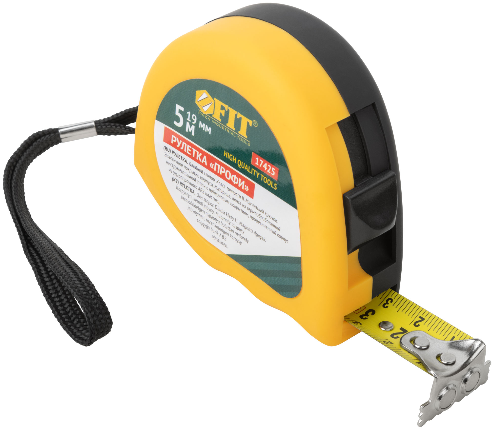 Рулетка Профи, калибр.лента, нейлон.покр., магн.крючок, эласт.корпус черн-желт., двойн.стопор 5 м х 19 мм