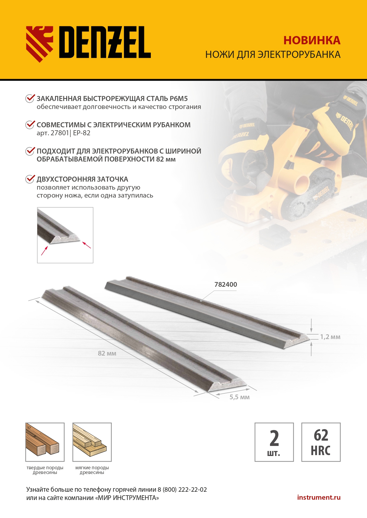 Ножи для эл. рубанка, Р6М5, 82мм, 2шт Denzel