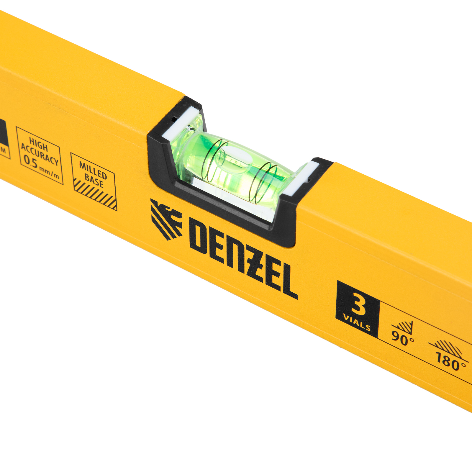 Уровень алюминиевый, магнит, фрезерованный, 3 глазка (1 зеркал.), 0,5 мм/м, 600 мм Denzel