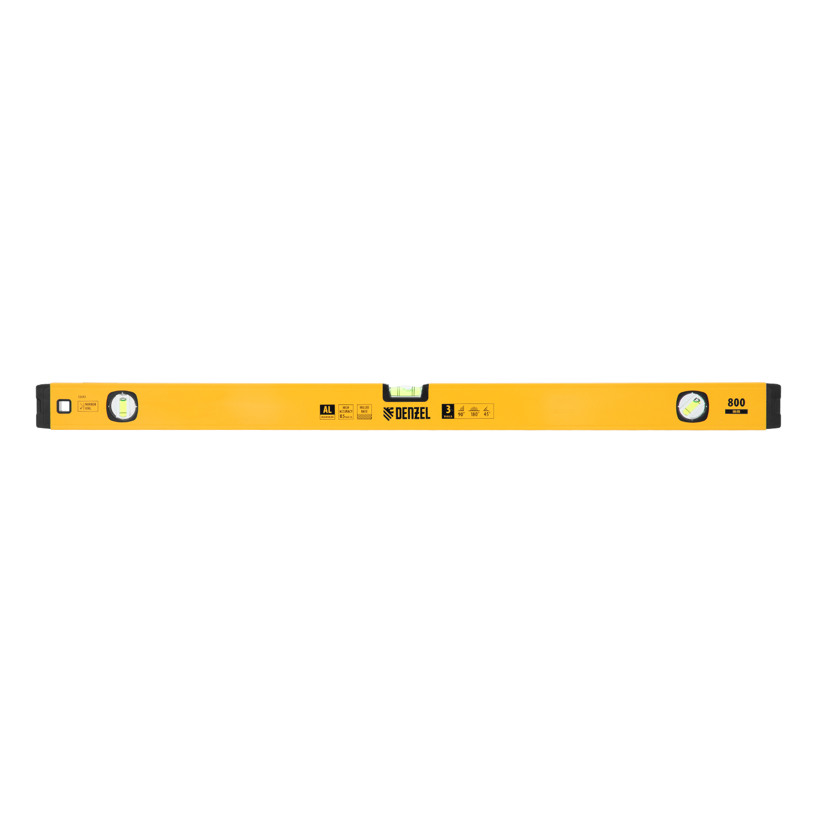 Уровень алюминиевый, магнит, фрезерованный, 3 глазка (1 зеркал.), 0,5 мм/м, 800 мм Denzel
