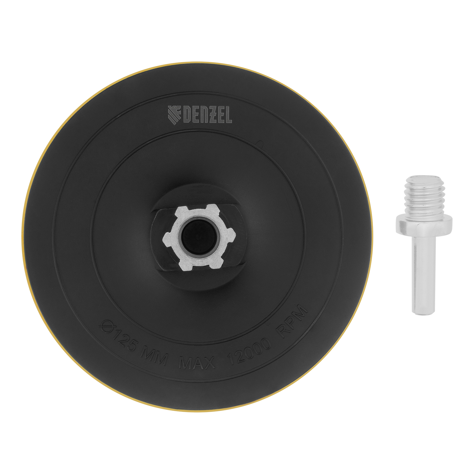 Тарелка опорная для дрели и УШМ с липучкой, 125 мм, твердая, с адаптером c М14 на d8 Denzel
