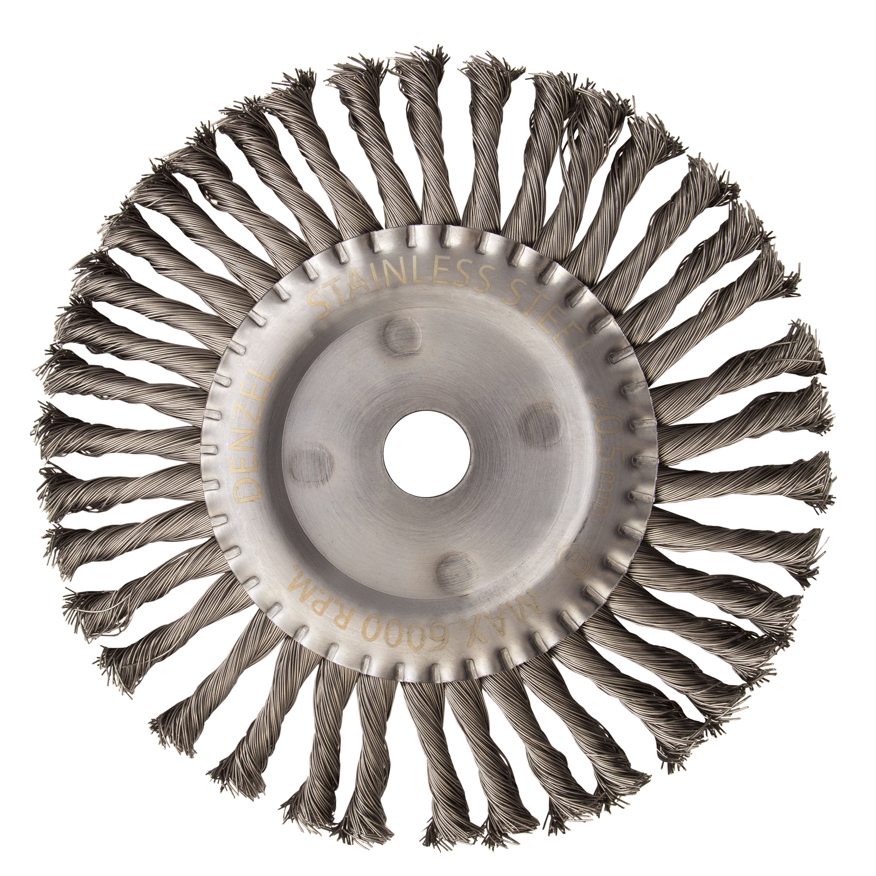 Щетка для УШМ, 200 мм, "Плоская", крученая нержавеющая проволока 0.5 мм, посадка 22.2 мм Denzel