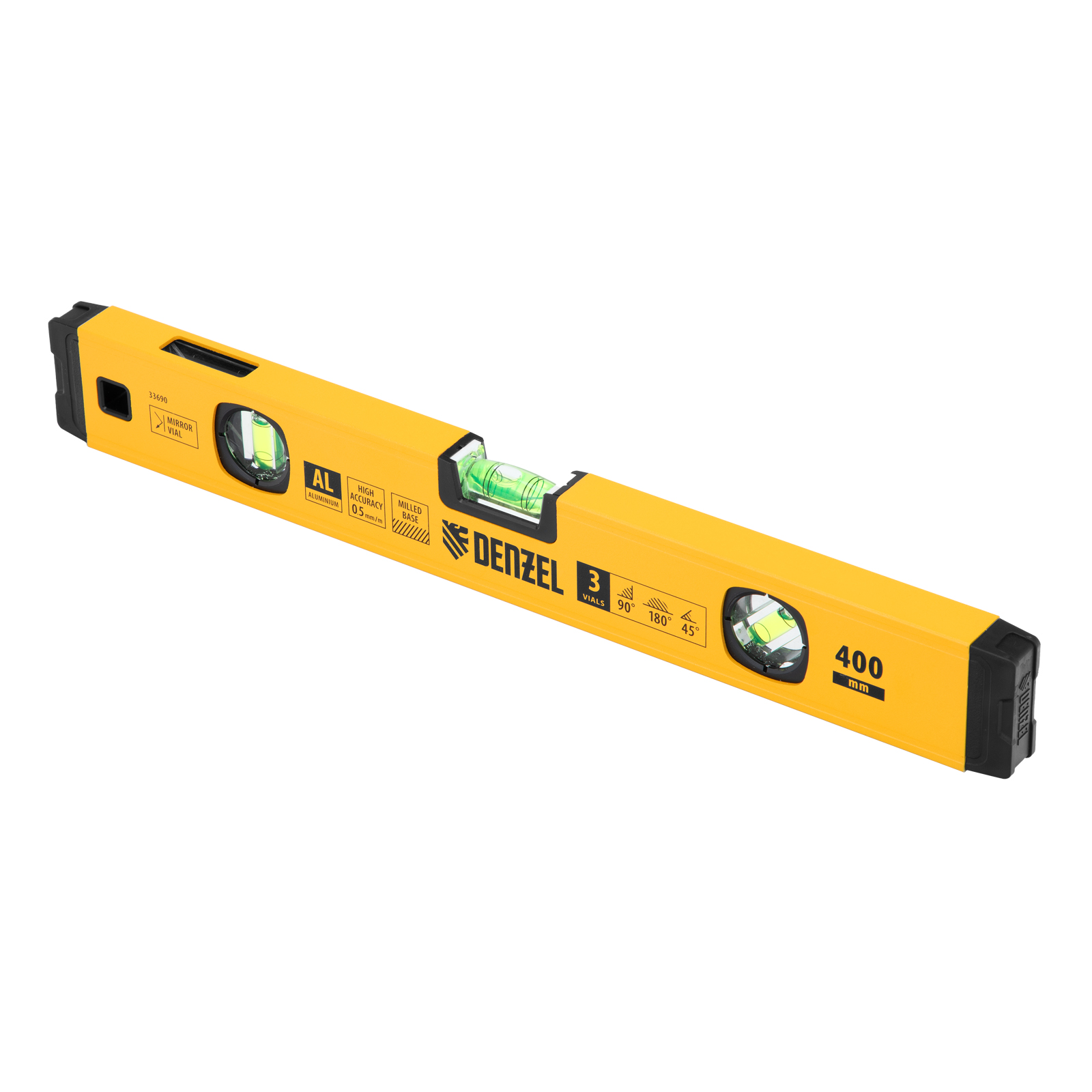 Уровень алюминиевый, магнит., фрезерованный, 3 глазка (1 зеркал.), 0,5 мм/м, 400 мм Denzel