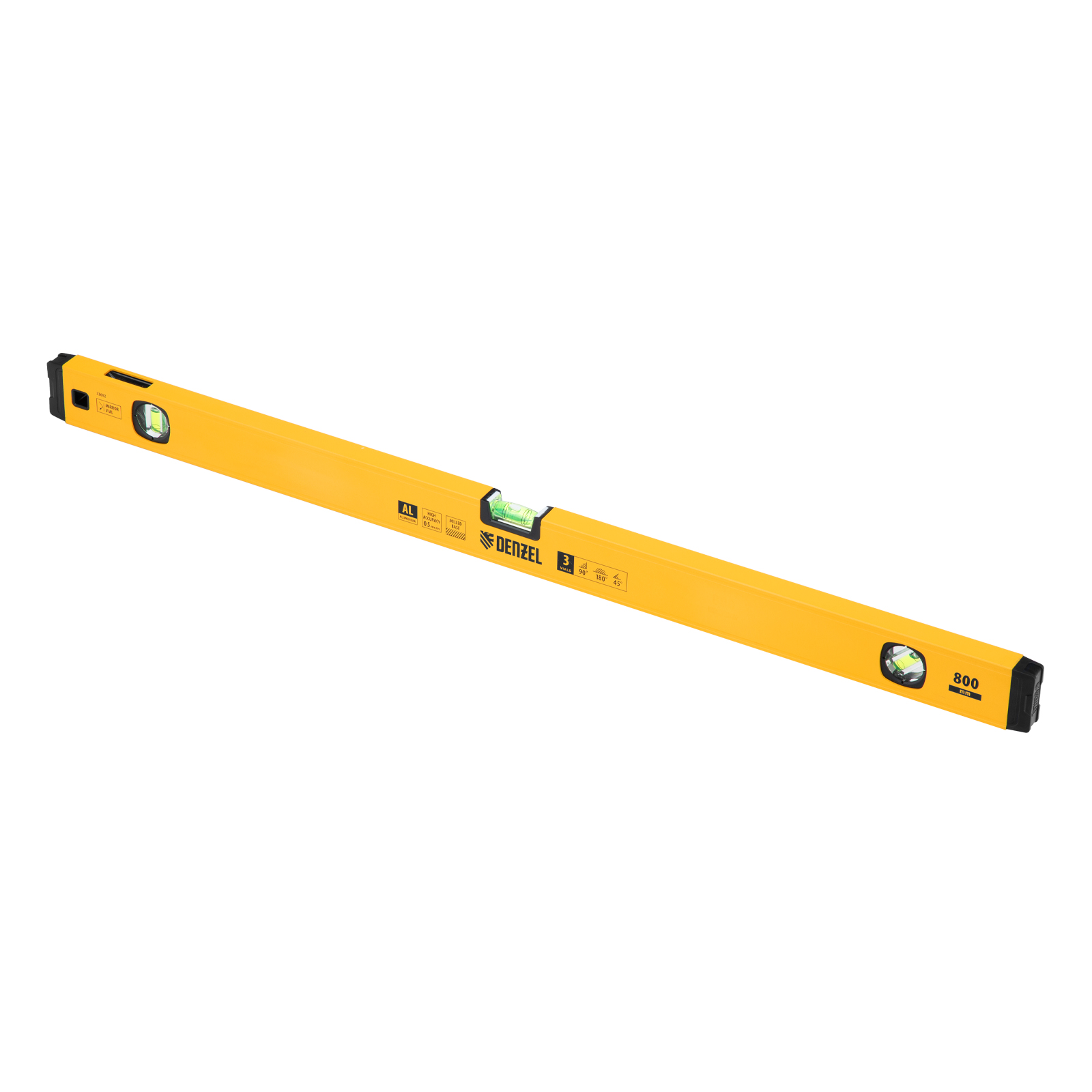 Уровень алюминиевый, магнит, фрезерованный, 3 глазка (1 зеркал.), 0,5 мм/м, 800 мм Denzel