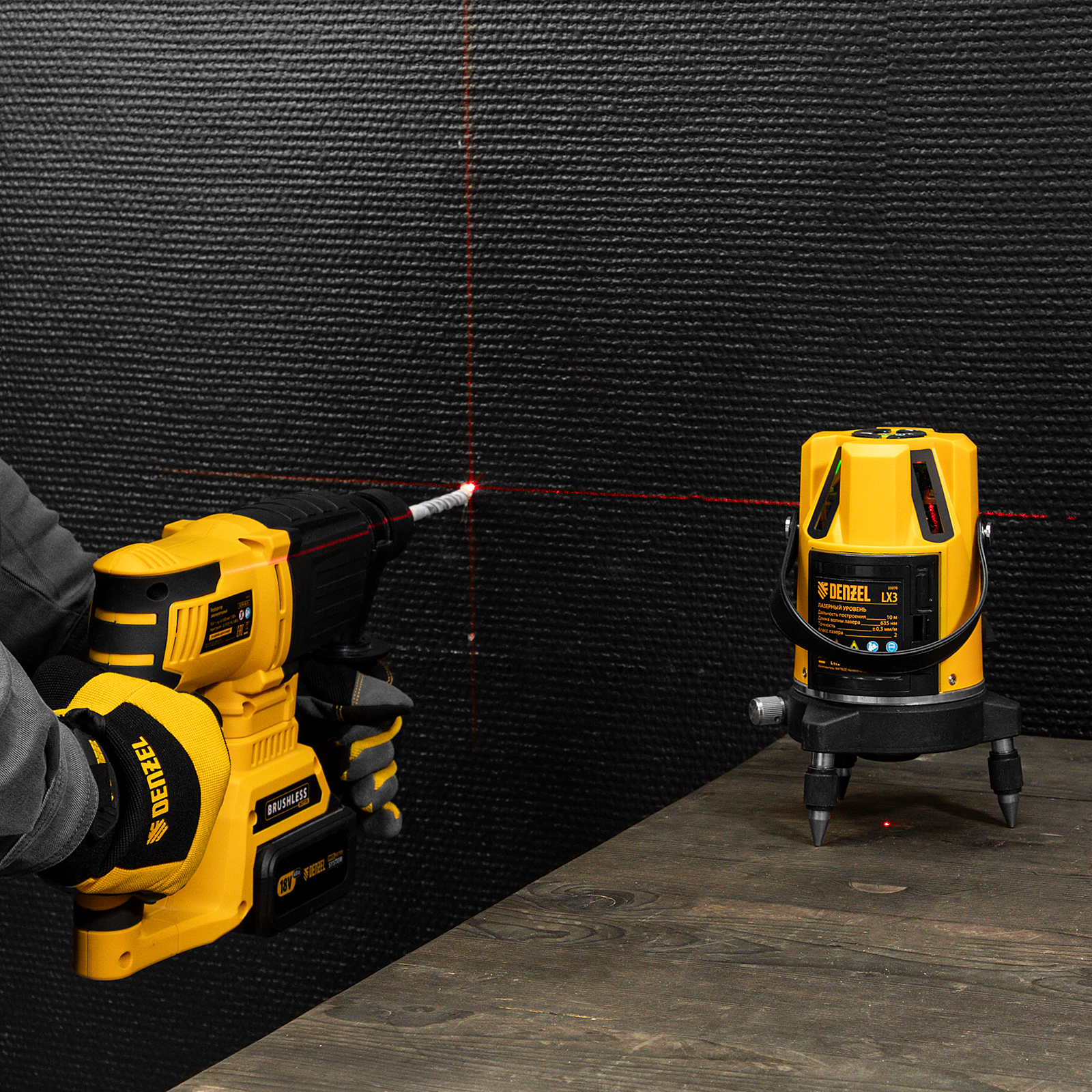 Уровень лазерный LX3, 10 м, ± 0,3 мм/1 м, 635 нм, 4 вертикальных, 1 горизонтальная плоскости, резьба 5/8" Denzel