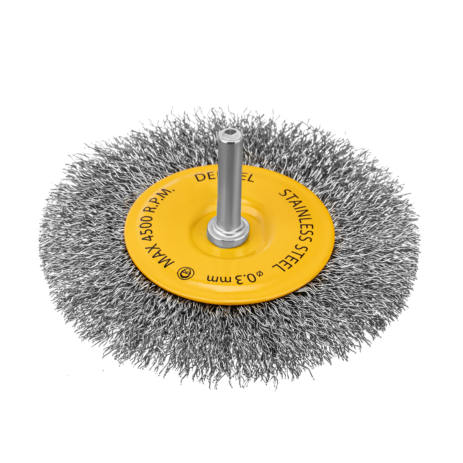 Щетка для дрели 100 мм, Плоская, со шпилькой, нержавеющая витая проволока Denzel
